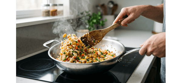 Steaming hot veg fried rice served in a modern ceramic bowl Steaming hot veg fried rice served in a modern ceramic bowl