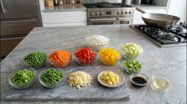 Chopped carrots, beans, and bell peppers arranged neatly on a marble countertop