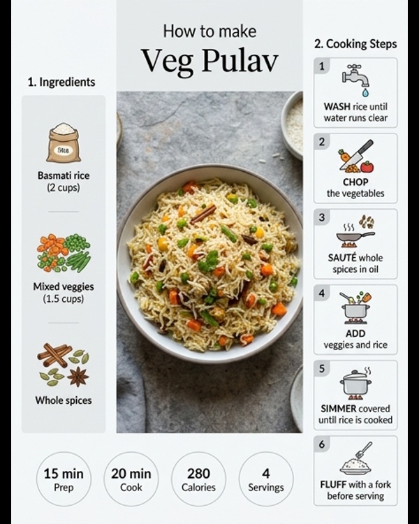A steaming bowl of colorful aromatic Veg Pulav garnished with fresh cilantro