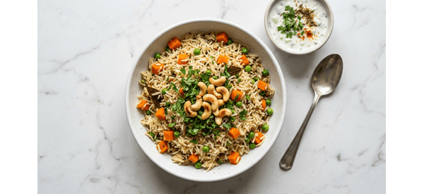 A steaming bowl of aromatic Veg Pulav served with cooling raita and papad A steaming bowl of aromatic Veg Pulav served with cooling raita and papad