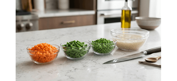 Freshly chopped vegetables and soaked rice ready for cooking pulav Freshly chopped vegetables and soaked rice ready for cooking pulav