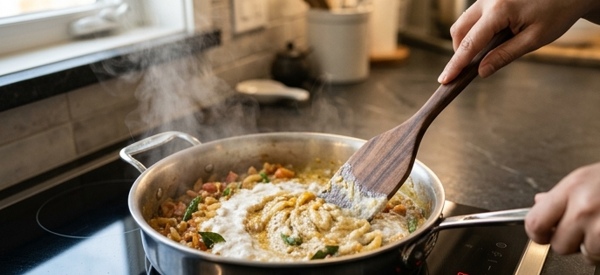 Vegetables simmering in a creamy white coconut gravy in a modern pan