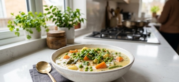 South Indian style vegetable kurma in a white bowl with fresh herbs
