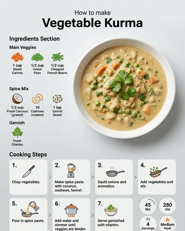 South Indian style vegetable kurma in a white bowl with fresh herbs