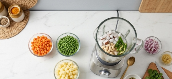 A smooth white coconut and cashew paste in a modern blender