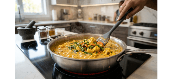 Hotel style vegetable kurma simmering in a modern stainless steel pan on a glass stove Hotel style vegetable kurma simmering in a modern stainless steel pan on a glass stove