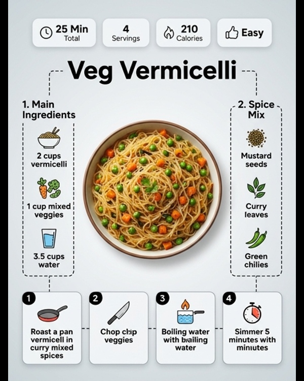 A steaming bowl of vegetable vermicelli breakfast recipe garnished with fresh coriander and lemon
