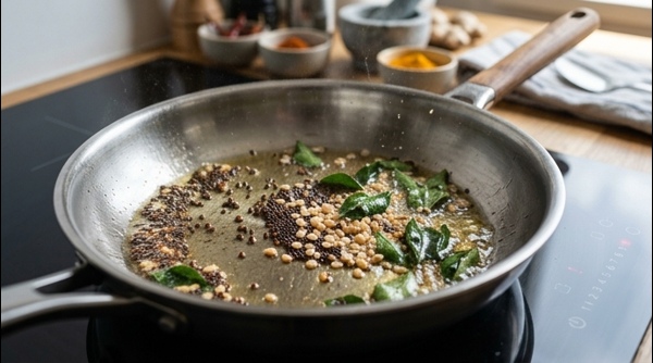 Tempering mustard seeds and curry leaves in a modern pan