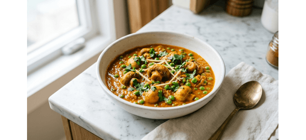 Rich and creamy Wedding Style Matar Mushroom served in a white bowl with cilantro garnish Rich and creamy Wedding Style Matar Mushroom served in a white bowl with cilantro garnish