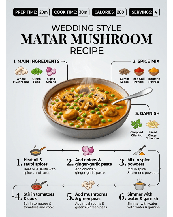 Rich and creamy Wedding Style Matar Mushroom served in a white bowl with cilantro garnish Rich and creamy Wedding Style Matar Mushroom served in a white bowl with cilantro garnish