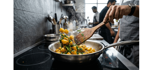 Sautéing potatoes and fenugreek leaves in a modern stainless steel pan