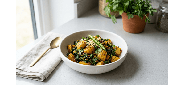 Traditional Punjabi Style Aloo Methi served in a white ceramic bowl on a marble countertop
