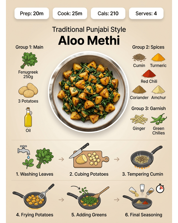 Traditional Punjabi Style Aloo Methi served in a white ceramic bowl on a marble countertop