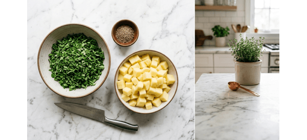 Freshly chopped fenugreek leaves and cubed potatoes on a clean marble countertop