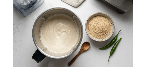Grinding poppy seeds into a fine white paste in a modern blender Grinding poppy seeds into a fine white paste in a modern blender