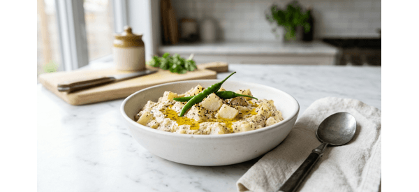 Aloo Posto served in a white ceramic bowl with green chilies Aloo Posto served in a white ceramic bowl with green chilies