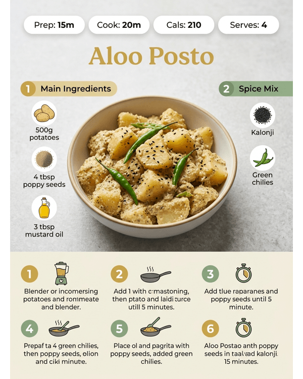 Aloo Posto served in a white ceramic bowl with green chilies Aloo Posto served in a white ceramic bowl with green chilies
