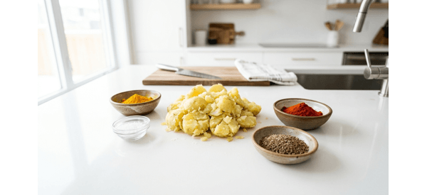 Boiled potatoes being crushed by hand next to bowls of colorful Indian spices Boiled potatoes being crushed by hand next to bowls of colorful Indian spices