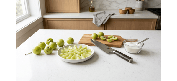 Fresh green amla fruits being steamed in a stainless steel pot Fresh green amla fruits being steamed in a stainless steel pot