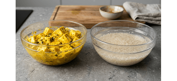 Marinated paneer cubes in a glass bowl with yogurt and spices Marinated paneer cubes in a glass bowl with yogurt and spices