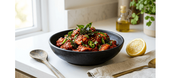 A platter of fiery Andhra Style Chicken Chilli garnished with curry leaves and green chillies A platter of fiery Andhra Style Chicken Chilli garnished with curry leaves and green chillies