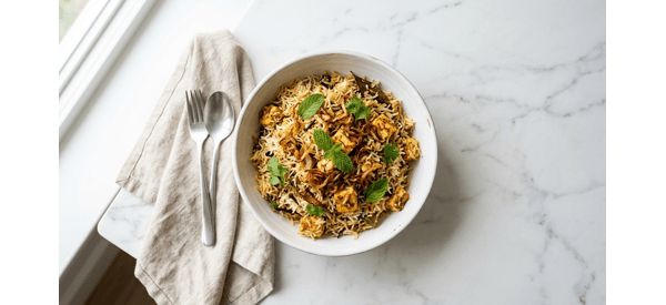 Aromatic Andhra Style Paneer Biryani served in a white bowl with fresh mint garnish Aromatic Andhra Style Paneer Biryani served in a white bowl with fresh mint garnish