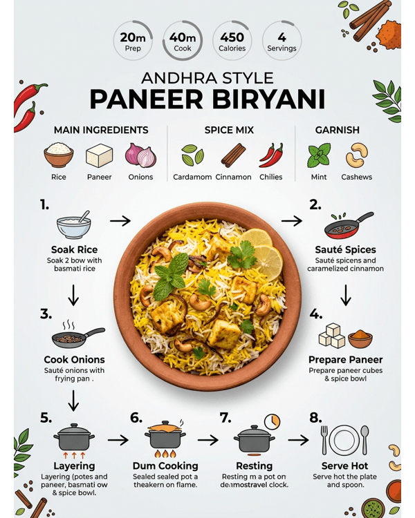 Aromatic Andhra Style Paneer Biryani served in a white bowl with fresh mint garnish Aromatic Andhra Style Paneer Biryani served in a white bowl with fresh mint garnish