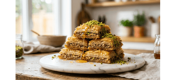 A stack of golden brown Arabic style baklava garnished with crushed green pistachios
