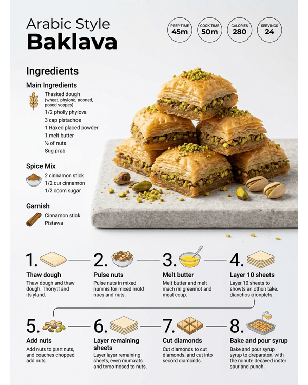 A stack of golden brown Arabic style baklava garnished with crushed green pistachios