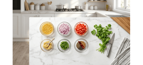 Chopped onions, tomatoes, and soaked yellow lentils on a white marble countertop Chopped onions, tomatoes, and soaked yellow lentils on a white marble countertop