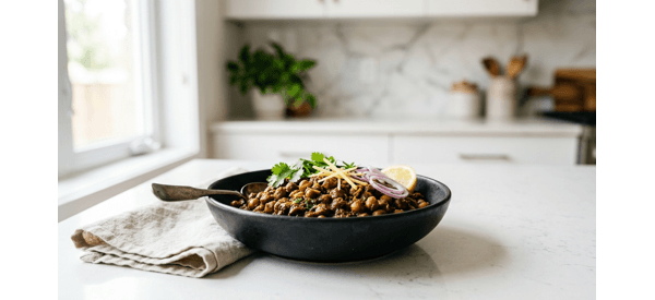 A steaming bowl of dark Pindi Chole garnished with ginger and green chilies