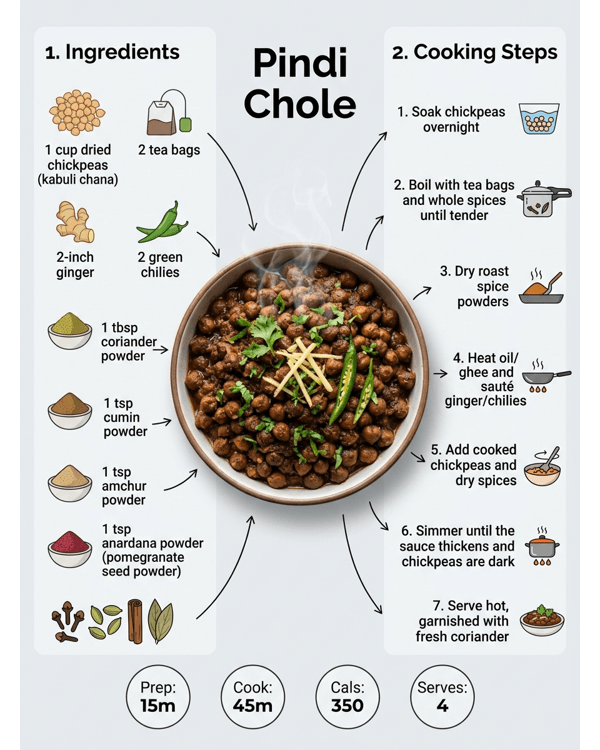 A steaming bowl of dark Pindi Chole garnished with ginger and green chilies