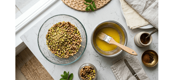 Coarsely ground pistachios and walnuts in a clean glass bowl