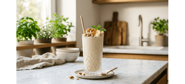 A creamy banana shake in a tall glass garnished with sliced bananas and nuts