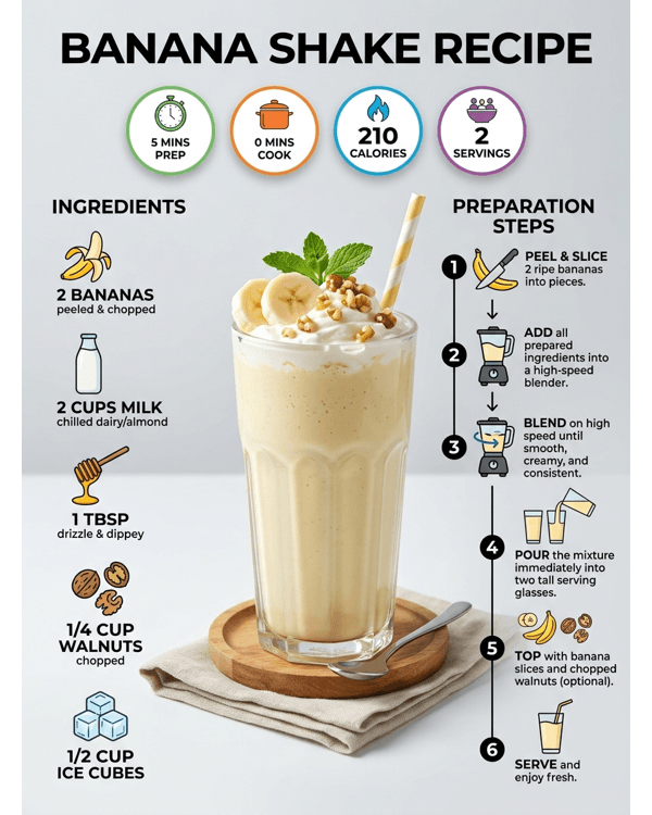 A creamy banana shake in a tall glass garnished with sliced bananas and nuts