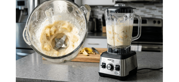 Thick banana shake being poured into a chilled glass on a marble counter