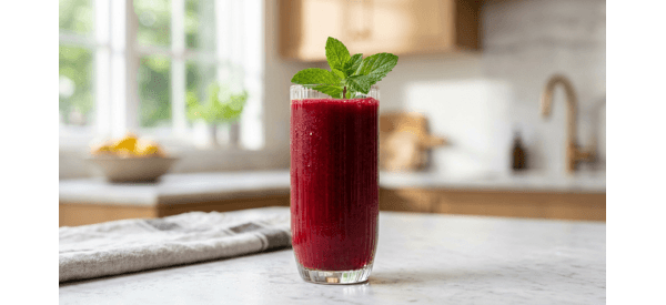A tall glass of vibrant red beetroot juice on a modern marble countertop with fresh mint garnish A tall glass of vibrant red beetroot juice on a modern marble countertop with fresh mint garnish