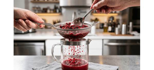 The final red beetroot juice being poured from a glass pitcher into a tall tumbler The final red beetroot juice being poured from a glass pitcher into a tall tumbler