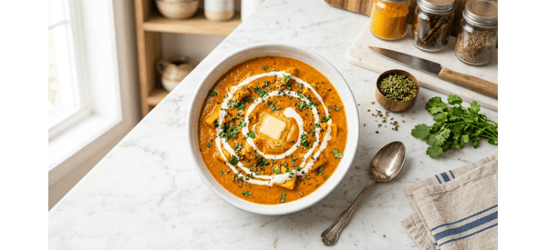 Creamy Bengali style butter paneer served in a white ceramic bowl with fresh cream