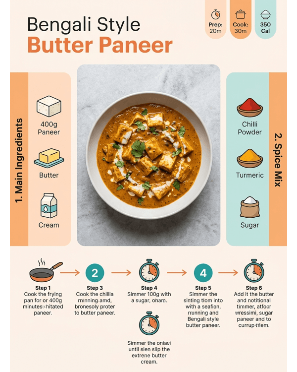 Creamy Bengali style butter paneer served in a white ceramic bowl with fresh cream