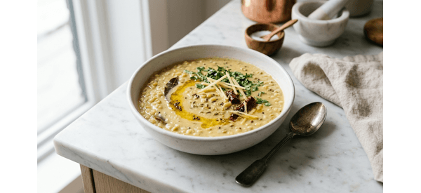 A steaming bowl of Bengali style Urad Dal garnished with ginger and green chilies