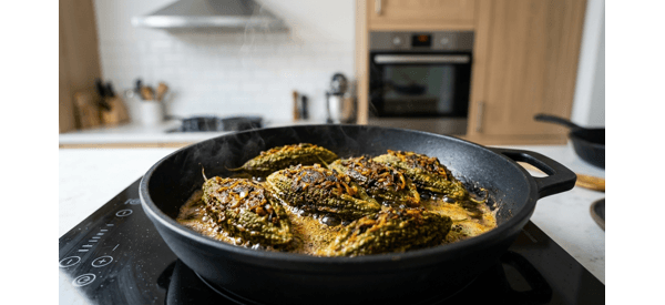 Stuffed bitter gourds sizzling in a modern pan with golden brown spices Stuffed bitter gourds sizzling in a modern pan with golden brown spices