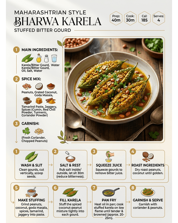 A plate of golden brown stuffed bitter gourds garnished with fresh coriander and coconut A plate of golden brown stuffed bitter gourds garnished with fresh coriander and coconut