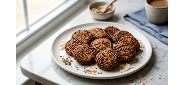 A plate of crispy Bihari Style Thekua garnished with dry fruits on a marble table