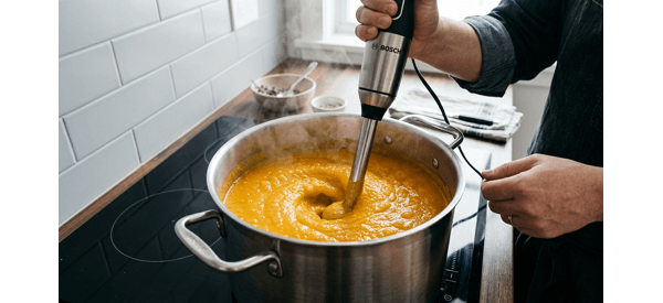 A hand blender being used to puree cooked pumpkin in a large silver pot