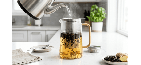 Fresh water boiling in a pot with ginger slices for the iced tea base Fresh water boiling in a pot with ginger slices for the iced tea base