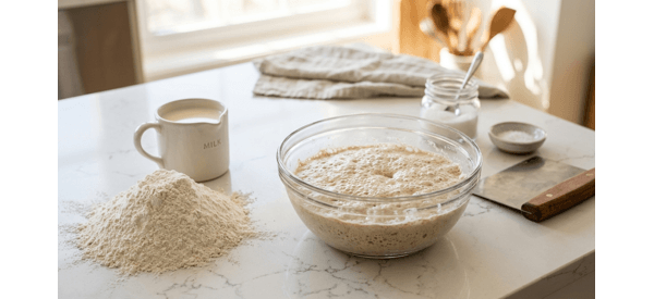 Mixing the white flour with yeast and milk in a modern glass bowl.