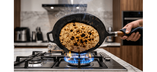 Butter naan cooking on a hot griddle with visible air bubbles Butter naan cooking on a hot griddle with visible air bubbles
