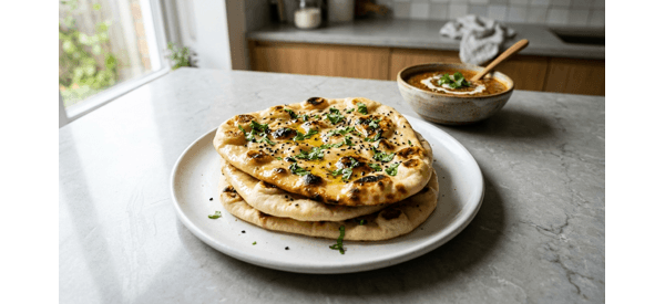 Restaurant style butter naan served hot with melting butter and fresh coriander Restaurant style butter naan served hot with melting butter and fresh coriander