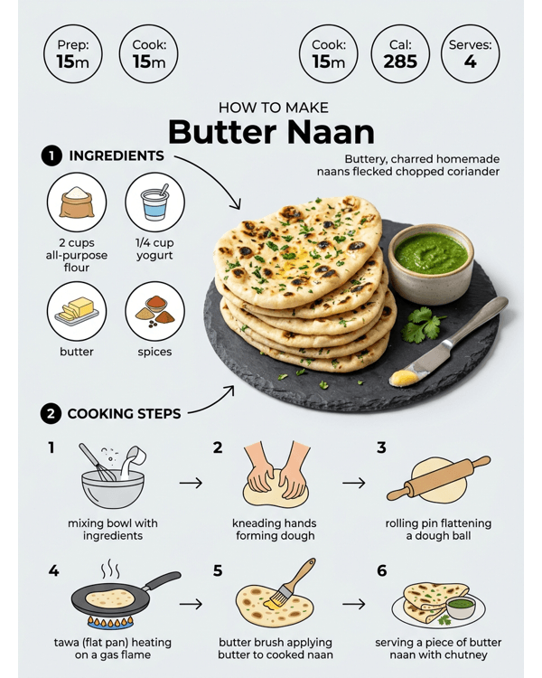 Restaurant style butter naan served hot with melting butter and fresh coriander Restaurant style butter naan served hot with melting butter and fresh coriander